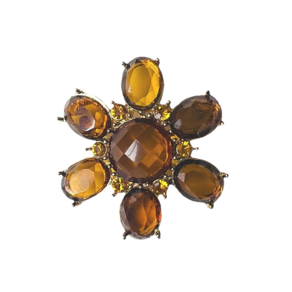 Vtg Amber Root Beer Art Deco Rhinestone Brooch Flower Faceted MCM Daisy Rivival